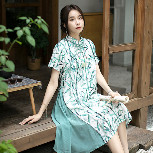 远镇国风复古天丝苎麻连衣裙茶服