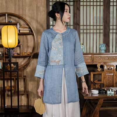 中国风复古苎麻盘扣上衣刺绣茶服