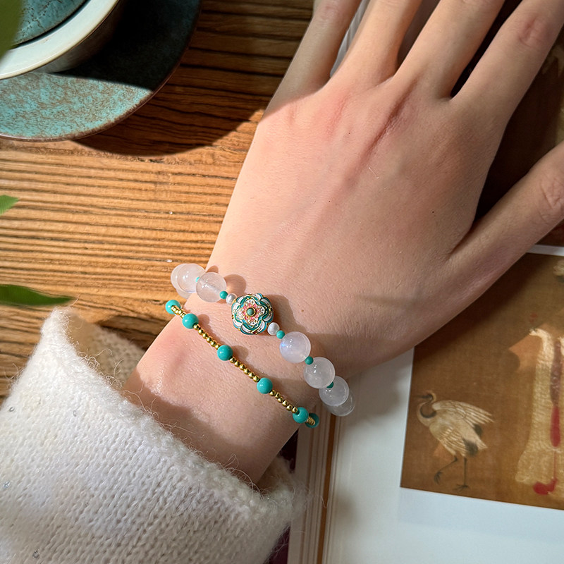 新中式中国风原创蓝白月光石手串手链绿松石天然淡水珍珠银镀金女