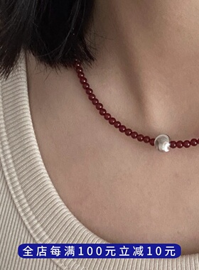 PLUS JEWELRY / 红玛瑙925银串珠项链本命项链氛围纯银猫眼银珠