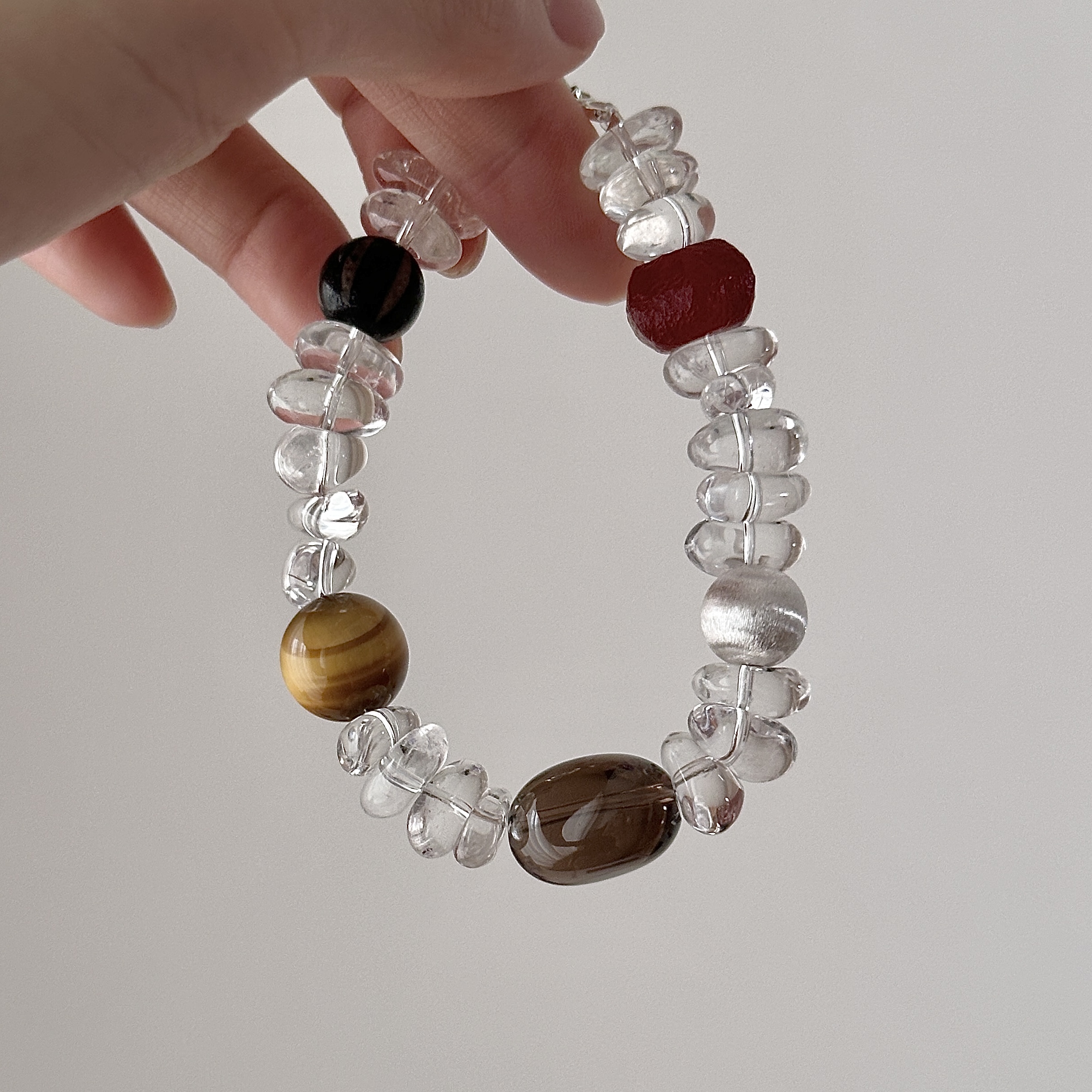 PLUS JEWELRY / 白水晶不规则纯银925银手链手串玛瑙虎眼石