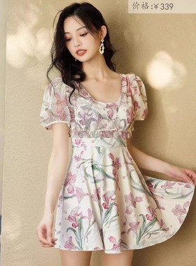 号手新款裙式连体泡温泉专用泳衣休闲印花短袖游泳衣遮肚141085