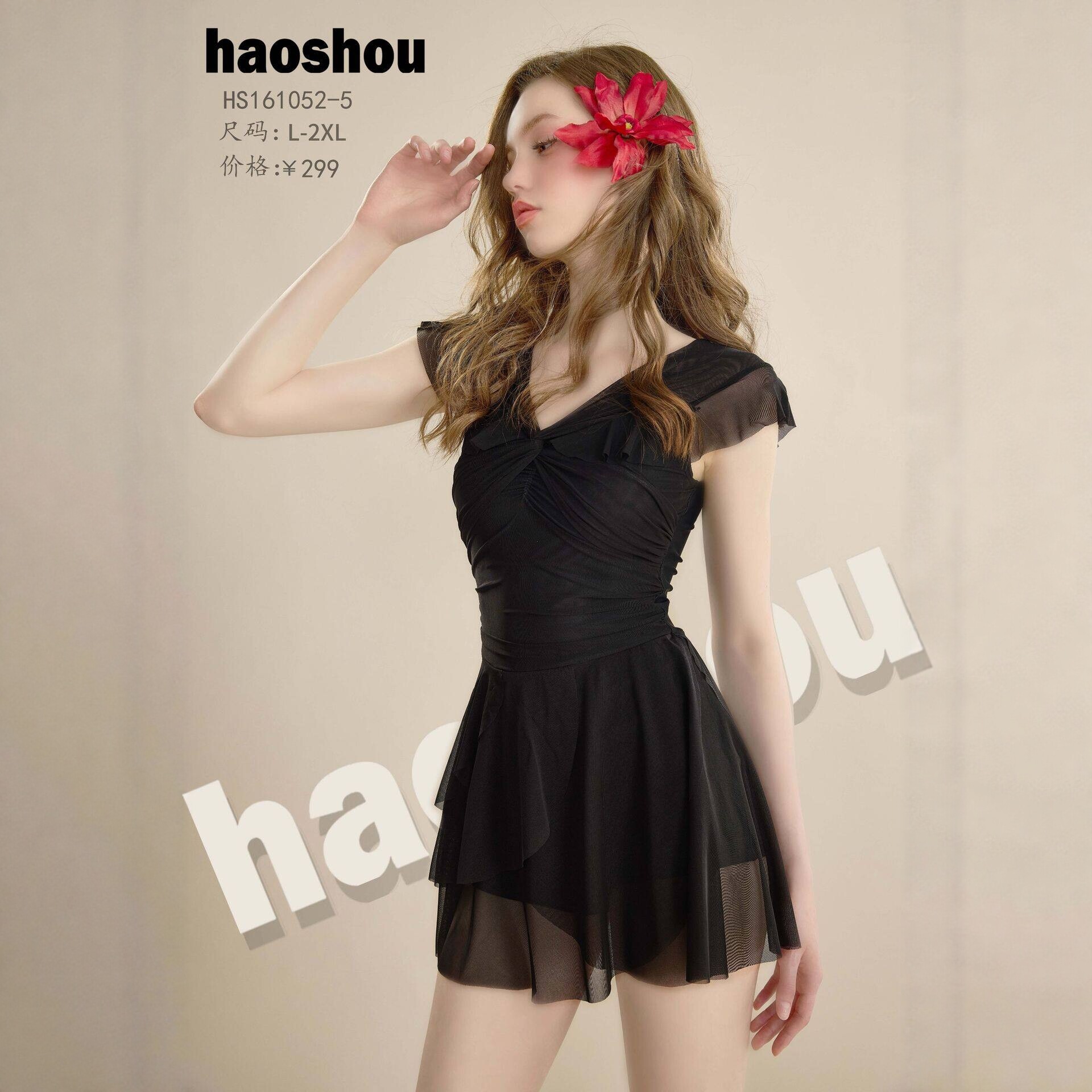 号手性感V领连体泳衣女收腰显瘦网纱飞飞袖连衣裙式泳装161052