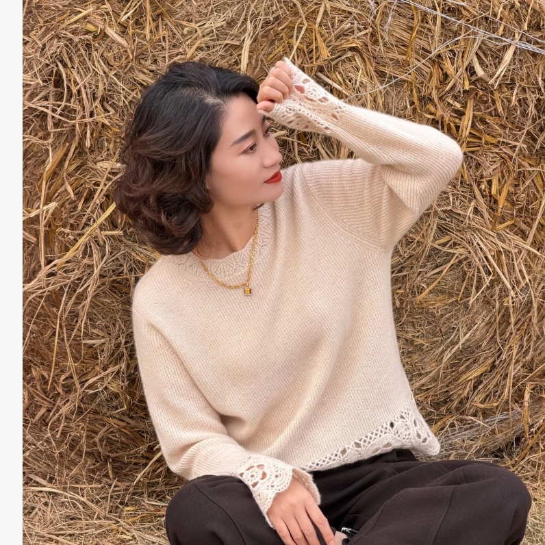 100%纯羊毛正品设计师针织衫圆领女长袖时尚百搭宽松韩版慵懒风