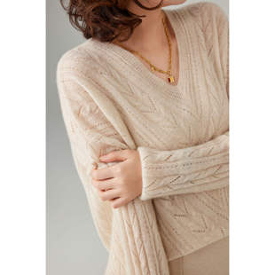 百搭宽松韩版 纯山羊绒正品 时尚 V领女长袖 慵懒风 设计师针织新款