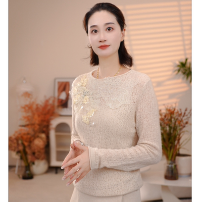 100%山羊绒圆领长袖针织衫女秋新款气质亮片装饰套头衫毛衣27829