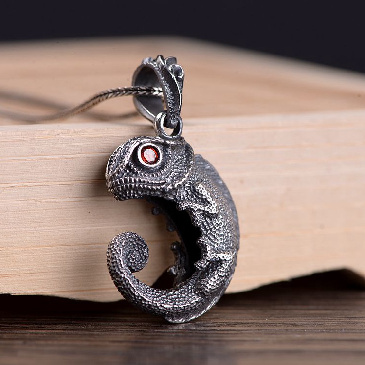 S925纯银吊坠蜥蜴造型卡通男款立体双面银项链坠个性潮霸气非主流
