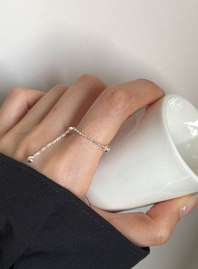 圆珠戒指通体纯银抽拉式裸链银珠可调节食指指环女士精致网红爆款