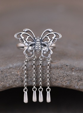 轻奢复古风汉服配饰流苏蝴蝶戒指