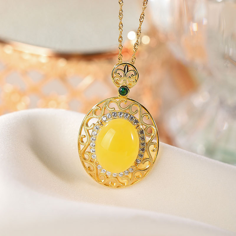 天然琥珀蜜蜡套链纯银镀金毛衣链锁骨链个性镂空蛋面气质女士吊坠