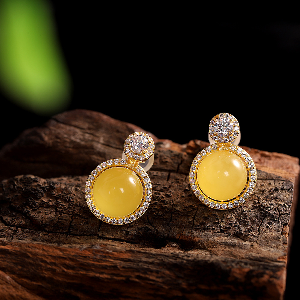 时尚优雅耳饰纯银饰天然蜜蜡耳钉耳环轻奢镶嵌宝石高级感性感小众