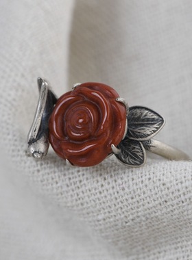 南红纯银复古风汉服配饰开口戒指