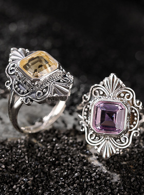 S925纯银紫水晶泰银做旧菱形女戒指黄水晶奢华精致复古指环原创潮