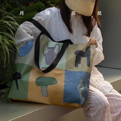 【月球居民 】超漂亮购物袋 原创中古大号个性编织袋露营包防水