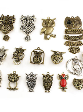 DIY复古合金 饰品配件 挂件 挂坠 吊坠 镂空 镶钻猫头鹰 22628