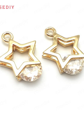 Diy饰品配件16x11MM铜24K香槟金色 镶锆 加五星圆形挂件吊坠36428