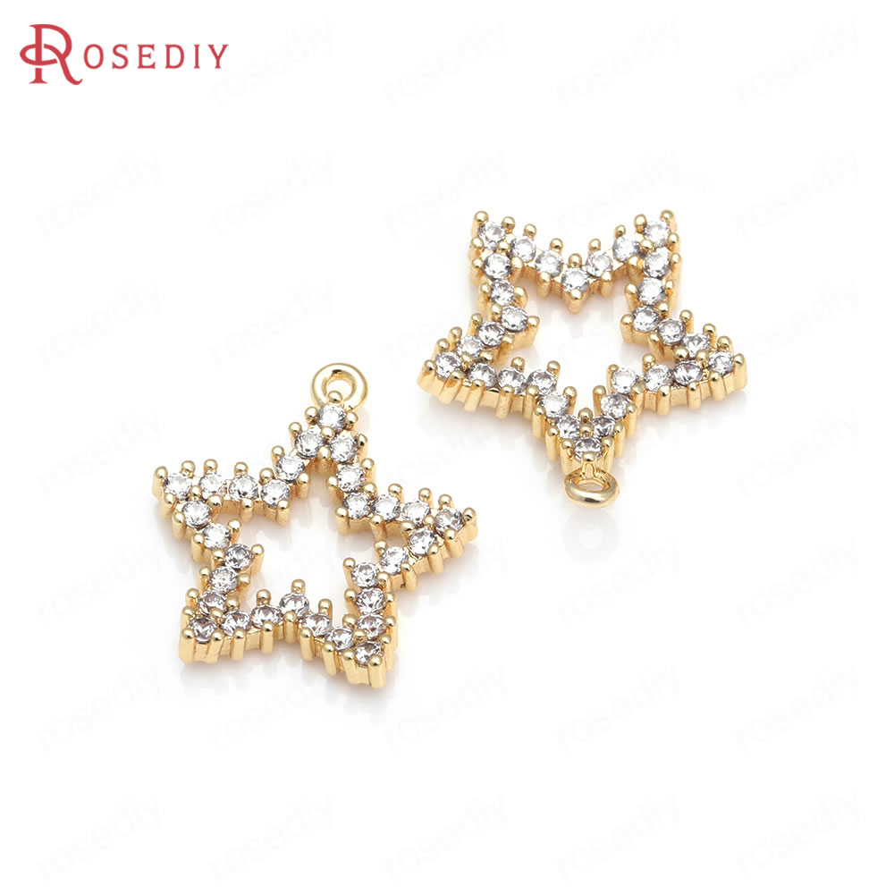 项链耳环耳饰Diy饰品配件铜+白色锆石镀真金镶锆五星挂件34922