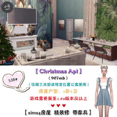 模拟人生4Sims4房屋mods三米舒诺2B公寓住宅538#|1卧1卫| -1.82版