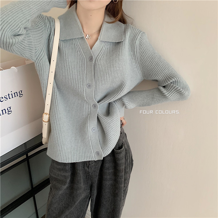 Real shot real price show thin Lapel button irregular two wear long sleeve knitting