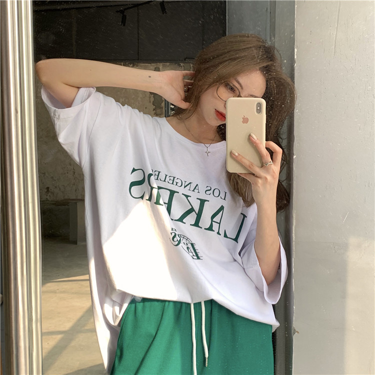 Real price loose letter print short sleeve T-shirt
