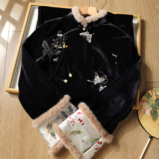 忆南栀黑色过冬改良旗袍2025超火国风冬装加绒加厚微胖遮肚子显瘦