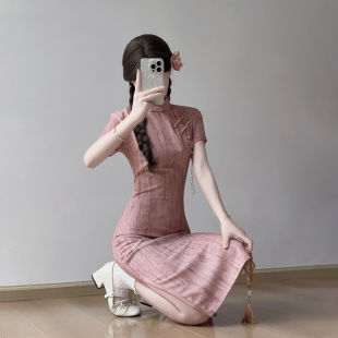 日常 改良年轻款 忆南栀粉色气质连衣旗袍新中式 女夏小个子2026新款