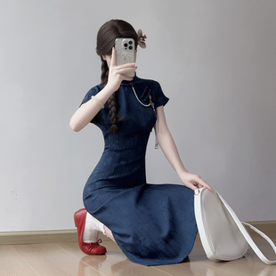 忆南栀蓝色旗袍2026新款小个子可以上班穿的改良版绝美新中式日常