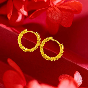 实心沙金首饰女仿真不掉色镀金999纯色耳钉饰品24k假黄金耳环结婚