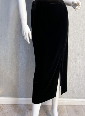 秀巧正品30225纯黑进口弹力丝绒不倒绒半身裙开叉时尚百搭小黑裙