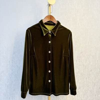 丝绒衬衫长袖纯色修身显瘦