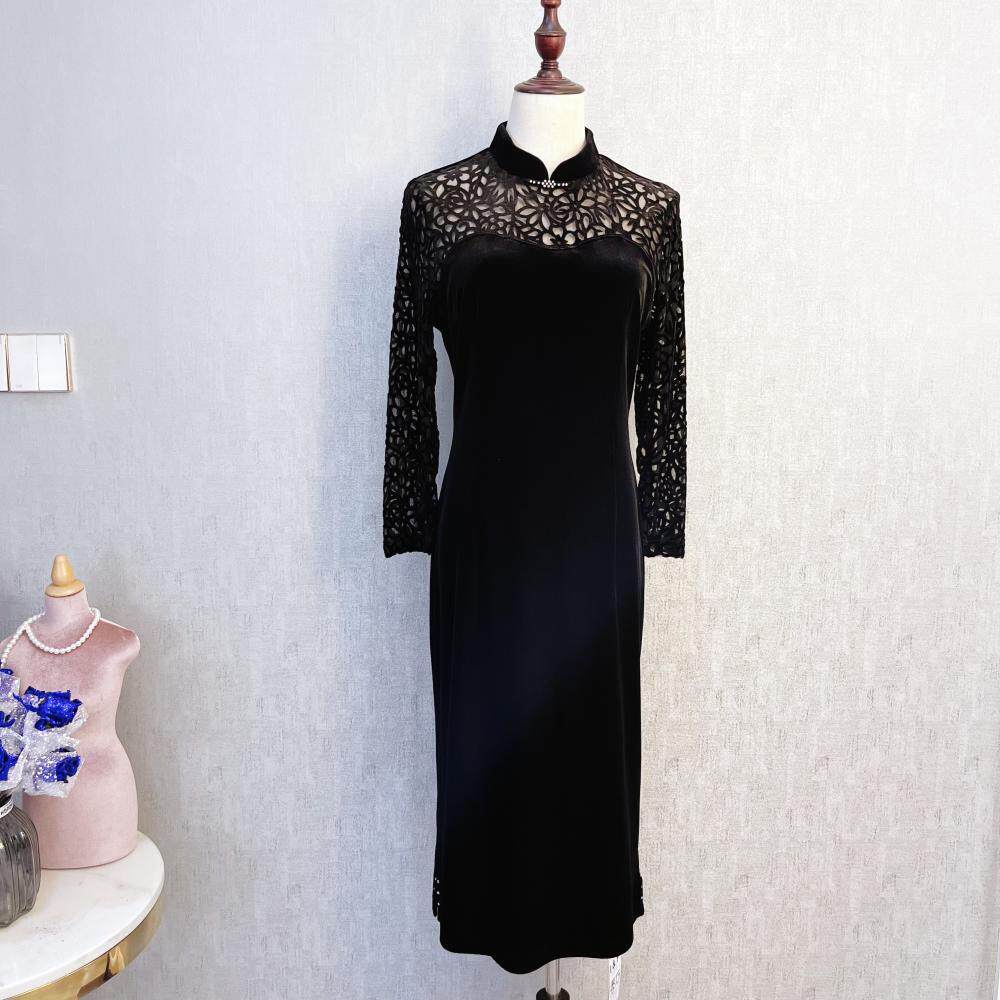 秀巧正品旗袍8234长袖丝绒精品女装弹力修身连衣裙高档宴会晚礼装