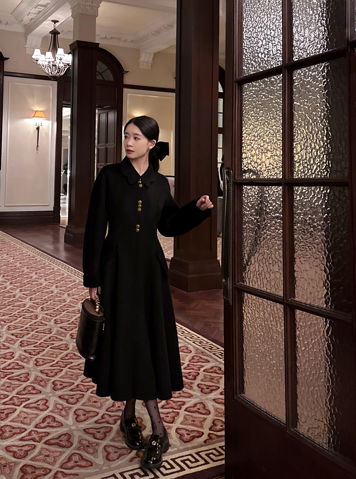 Thecoco领双面呢黑大衣100澳毛