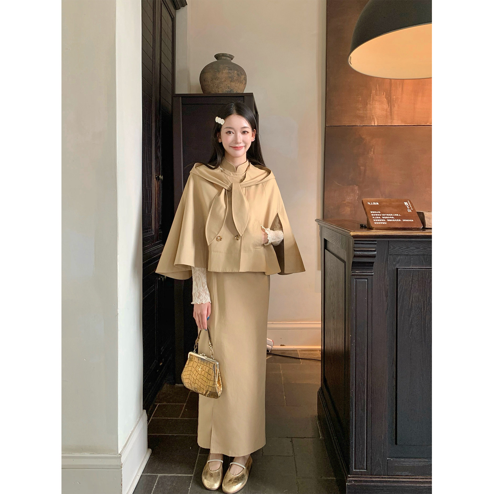 Thecoco 风衣式旗袍+小斗篷套装女装秋季气质优雅显瘦穿搭一整套