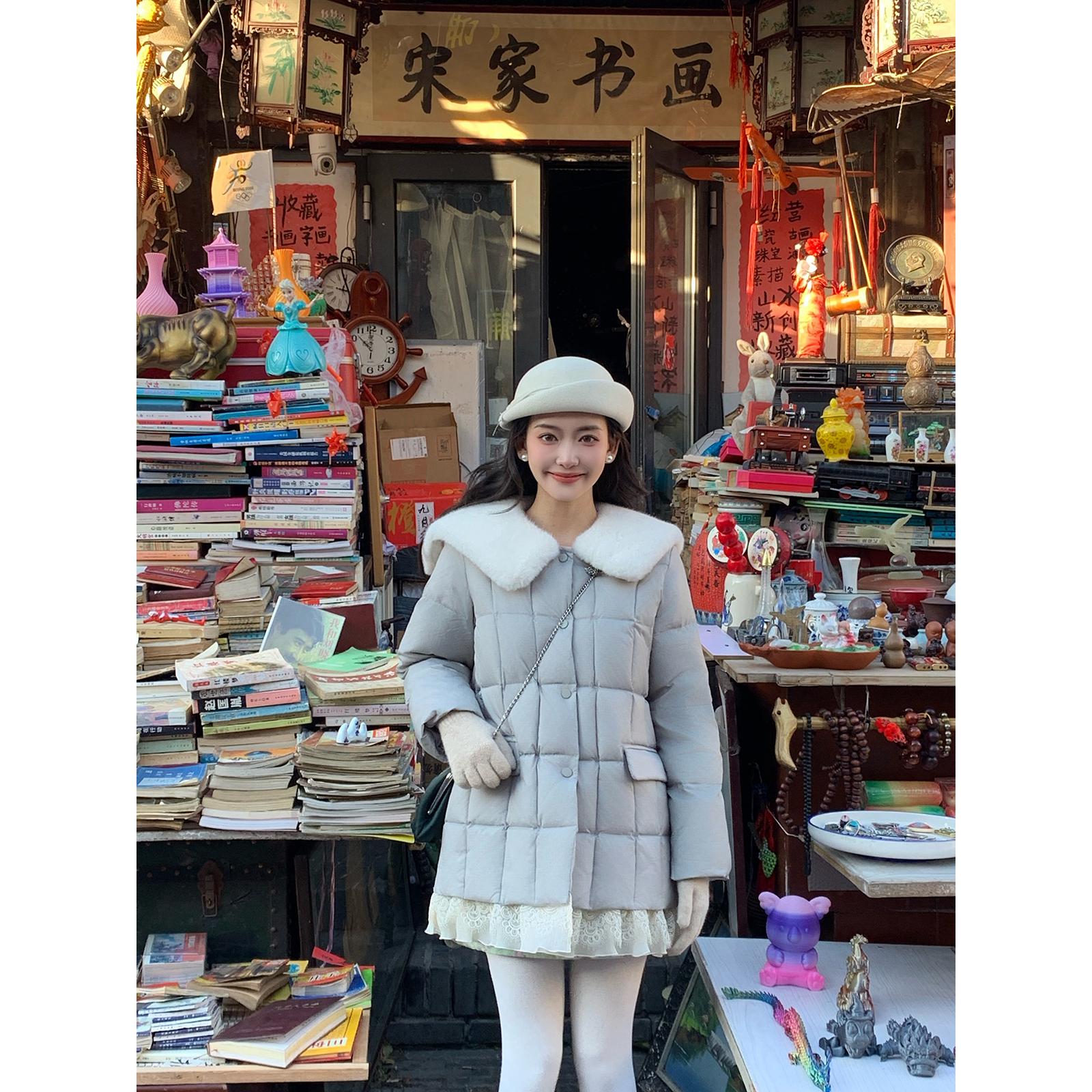 Thecoco 冬日絮语 原创零压感 拼接蕾丝环保毛领羽绒服女冬季保暖