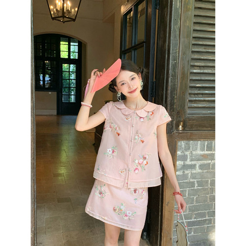 Thecoco 石榴纱 珠绣花瓣领新中式套装女夏季重工甜美气质两件套