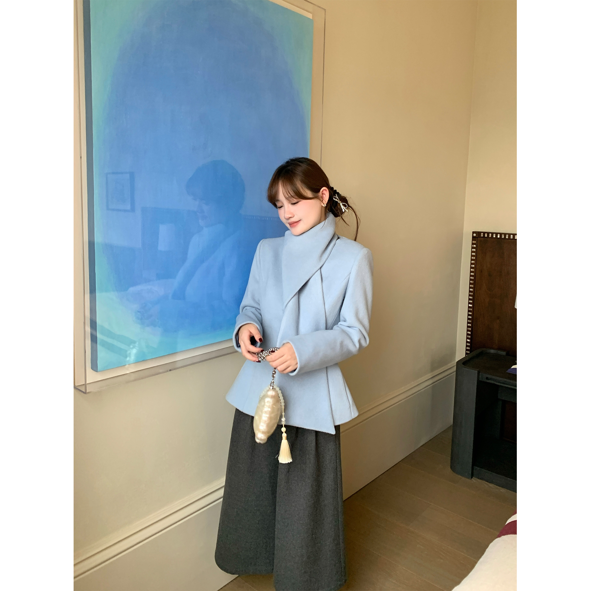 Thecoco 自带围巾收腰毛呢外套女冬季设计感气质百搭显瘦呢子大衣