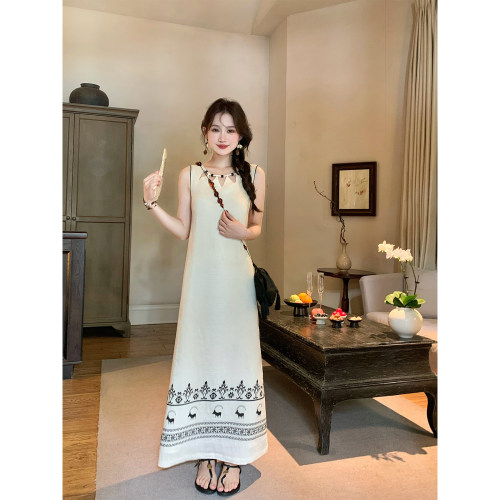 Thecoco 设计感微收腰a字混纺麻新中式印花连衣裙女夏季气质长裙