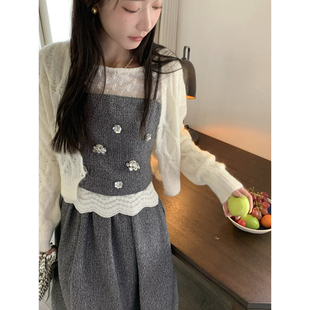 手工珠片花原创四件套女春季 Thecoco 气质灰色吊带半裙搭配一整套