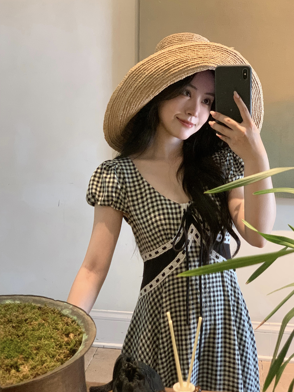 Thecoco 天菜比例 黑格子系带连衣裙女夏季收腰显瘦复古气质长裙