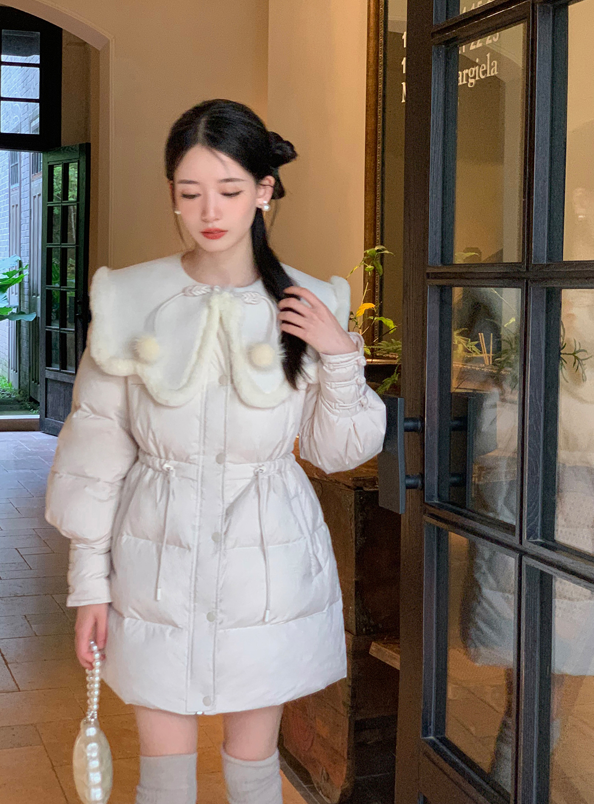 Thecoco 兔毛中式翻领羽绒服冬季90白鸭绒甜美收腰中长款保暖外套