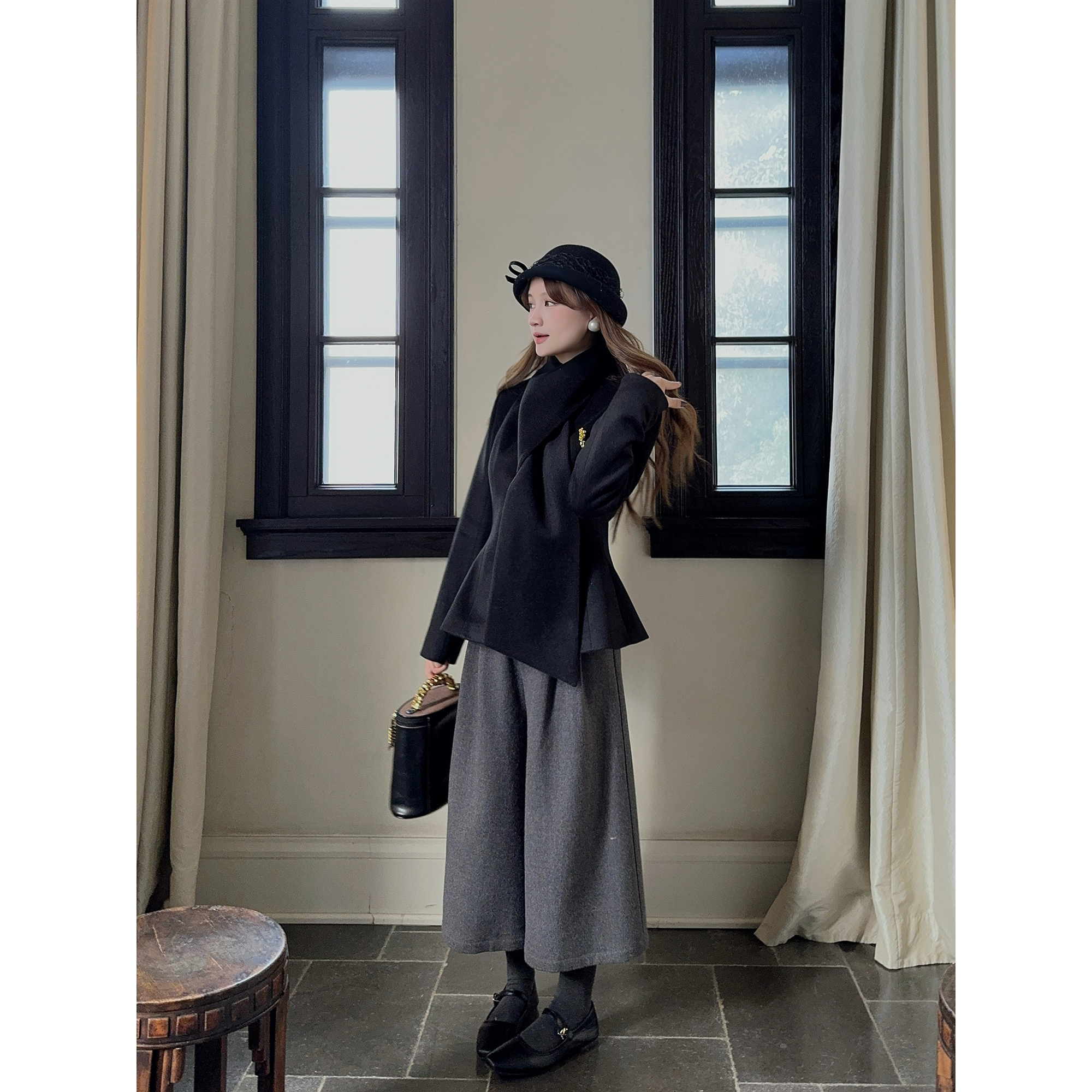 Thecoco 气质好穿的西装毛呢八分裤女秋冬季宽松显瘦百搭阔腿裤子