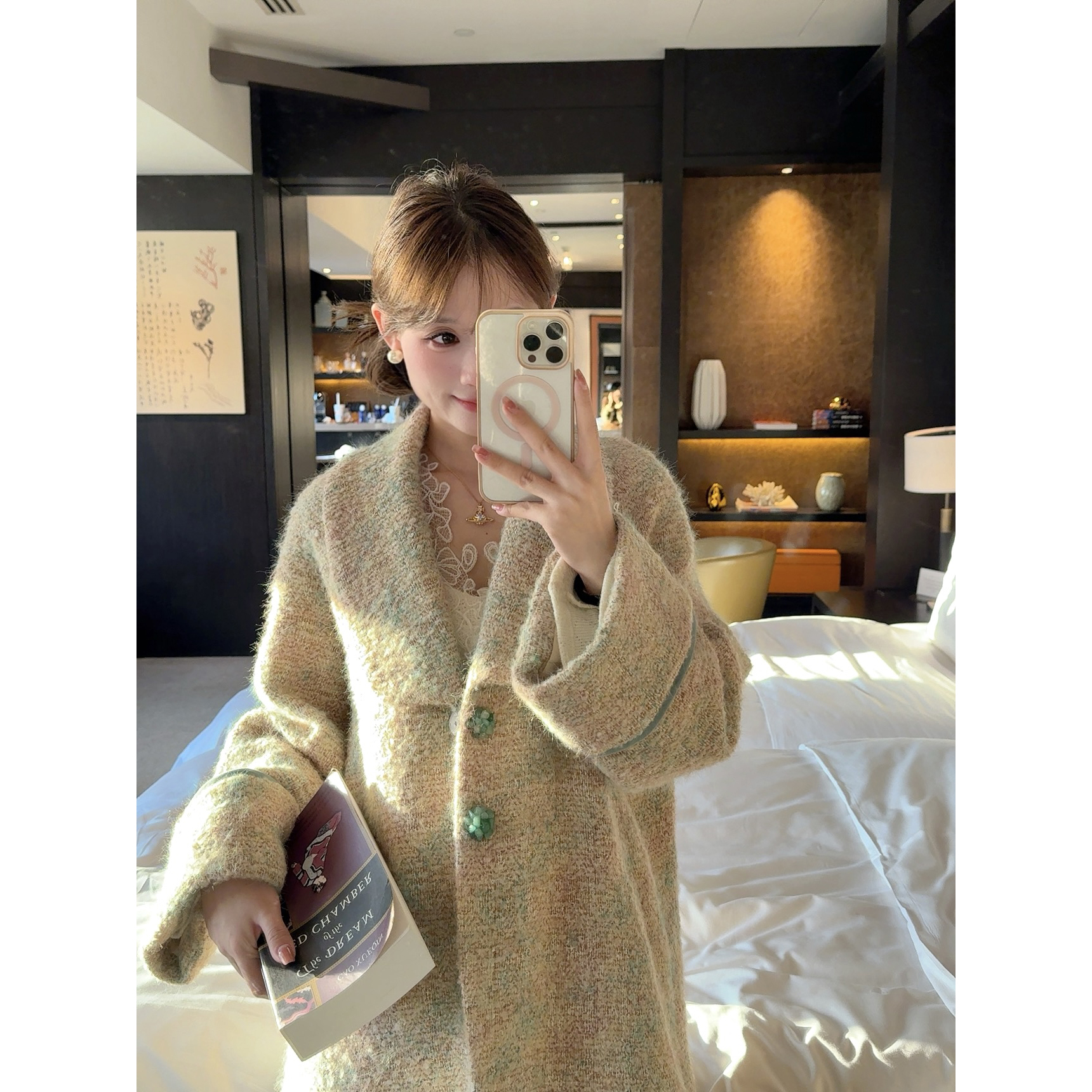 Thecoco 浪漫复古氛围感粗花呢手工扣大衣女冬季气质长款毛呢外套