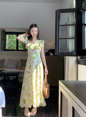 Thecoco 压褶领苎麻印花连衣裙女装夏季清新温柔气质显瘦无袖裙子