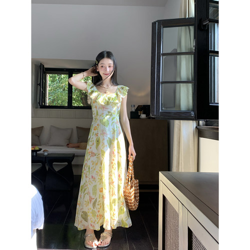 Thecoco 压褶领苎麻印花连衣裙女装夏季清新温柔气质显瘦无袖裙子