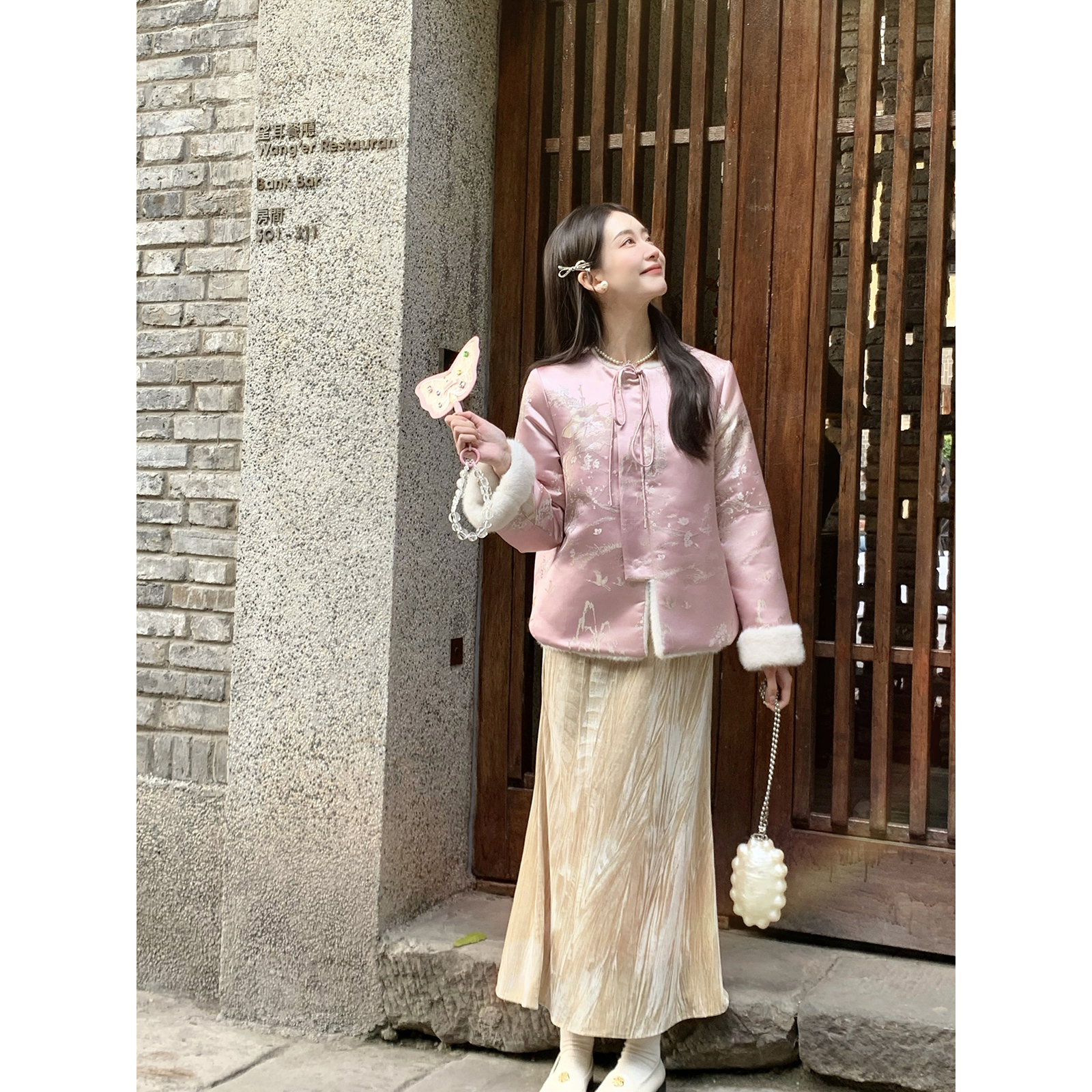 Thecoco 胭脂盒子 新中式两面穿环保皮草外套女冬季提花气质保暖