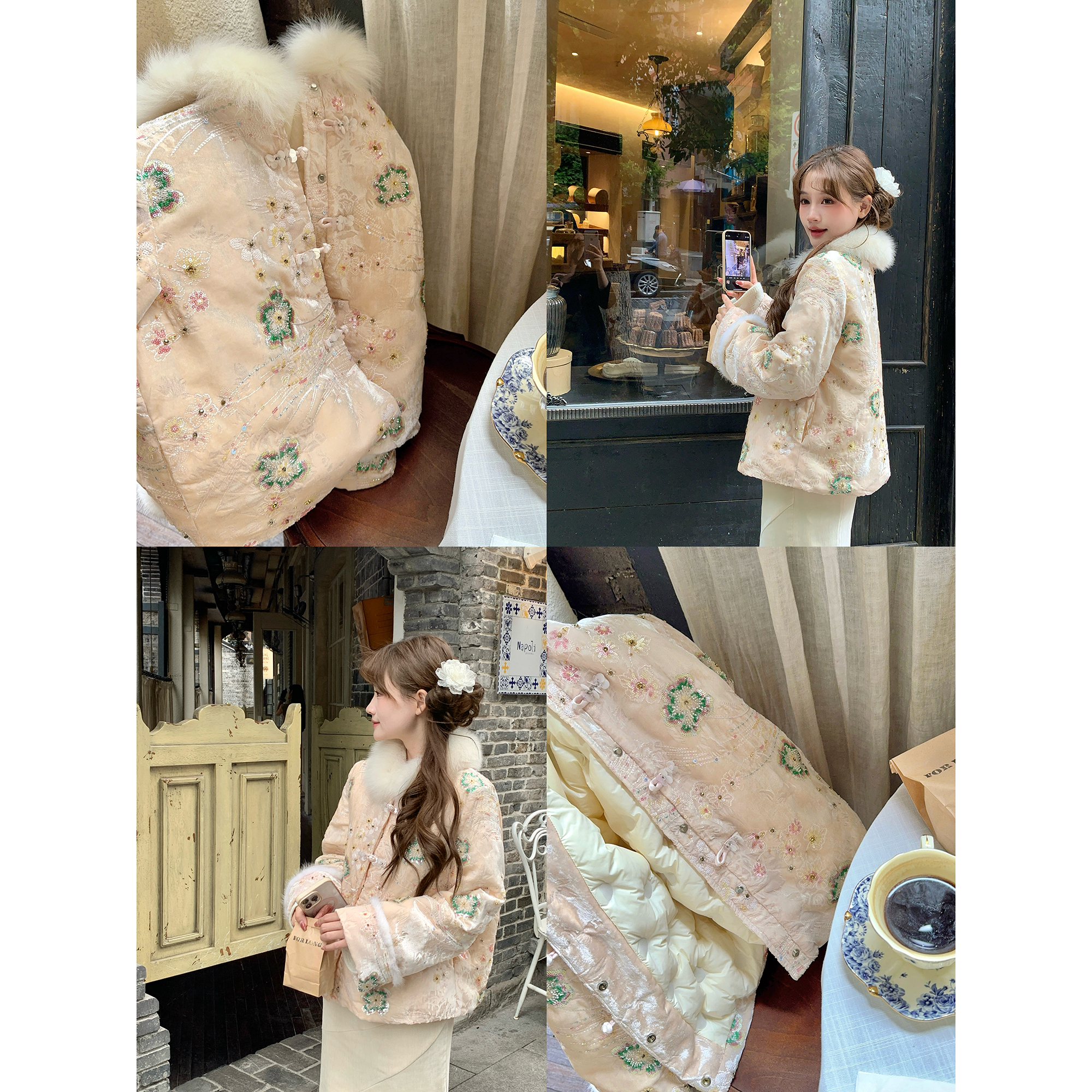 Thecoco 小茉莉 丝绒刺绣珠片狐狸毛领貂毛袖口新中式羽绒服女冬