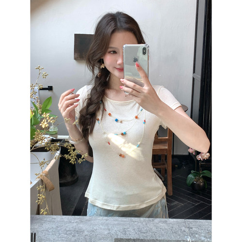 Thecoco 正肩微收腰手工串珠刺绣装饰项链短袖T恤女夏季百搭上衣