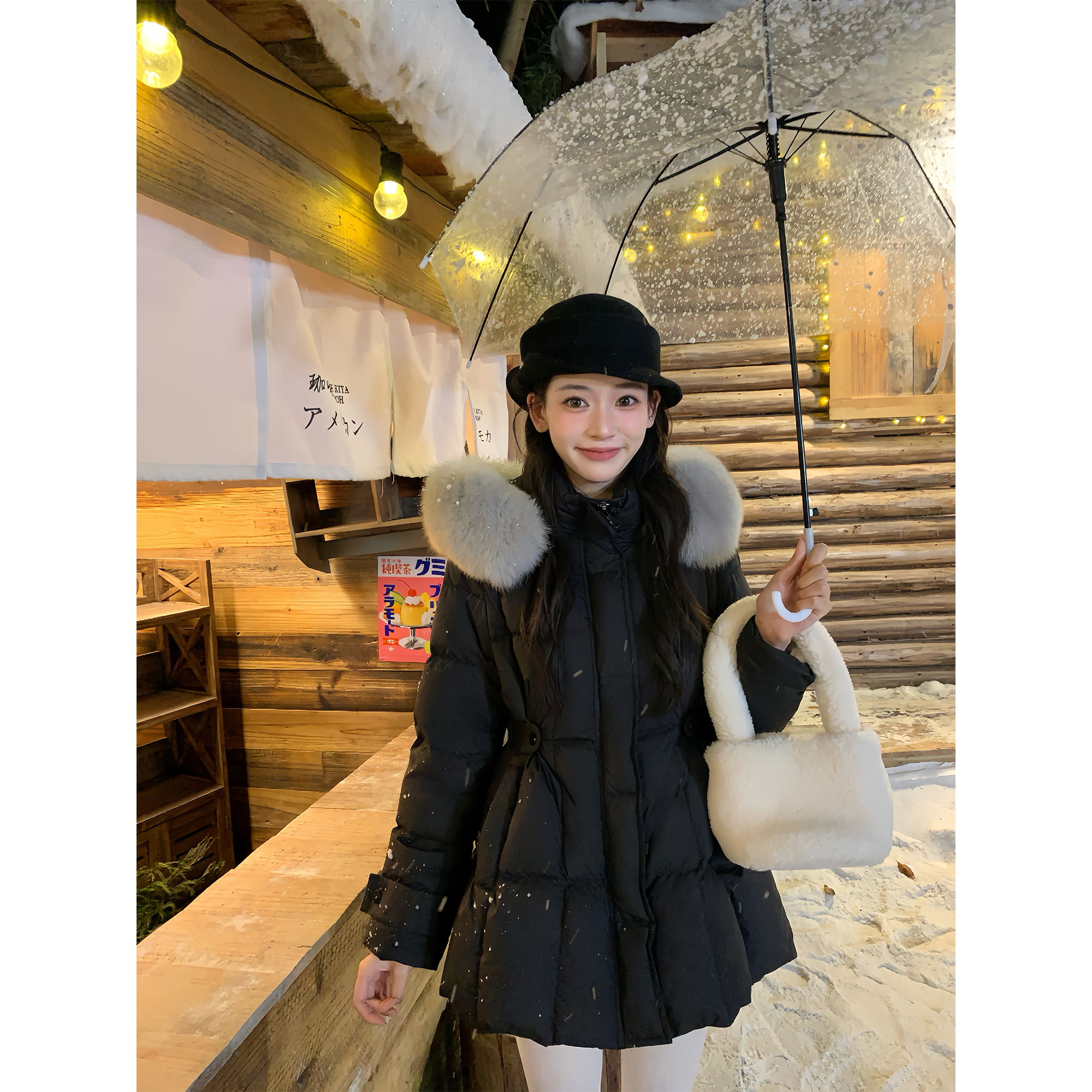 Thecoco 狐狸毛领收腰90白鸭绒三防羽绒服女冬中长款显瘦保暖外套