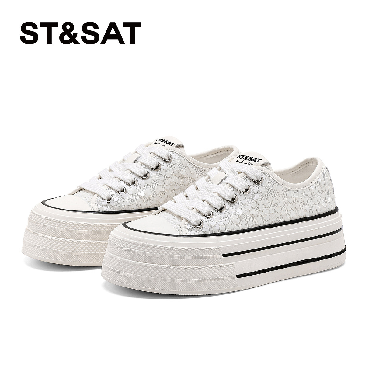 St&Sat/星期六春秋厚底增高板鞋系带圆头休闲小白鞋女SSD1112CBD,女鞋,休闲板鞋,淘宝优惠券,粉丝福利购,淘宝优惠卷