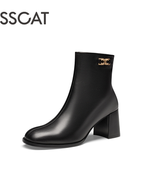 KISS CAT/接吻猫秋冬牛皮时装靴圆头粗高跟通勤短靴女KA43704-10